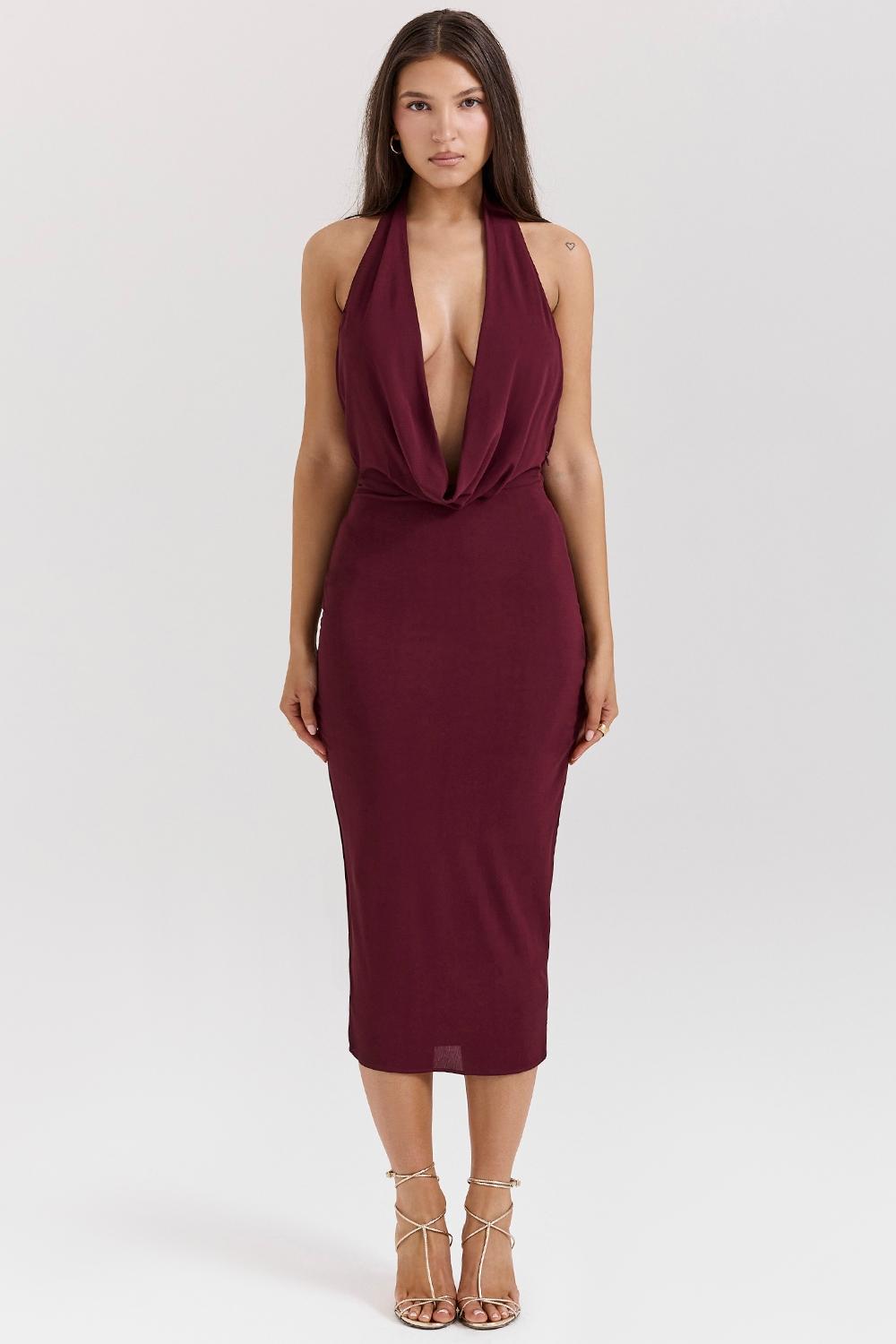Florentina Merlot Draped Midi Dress Product Image