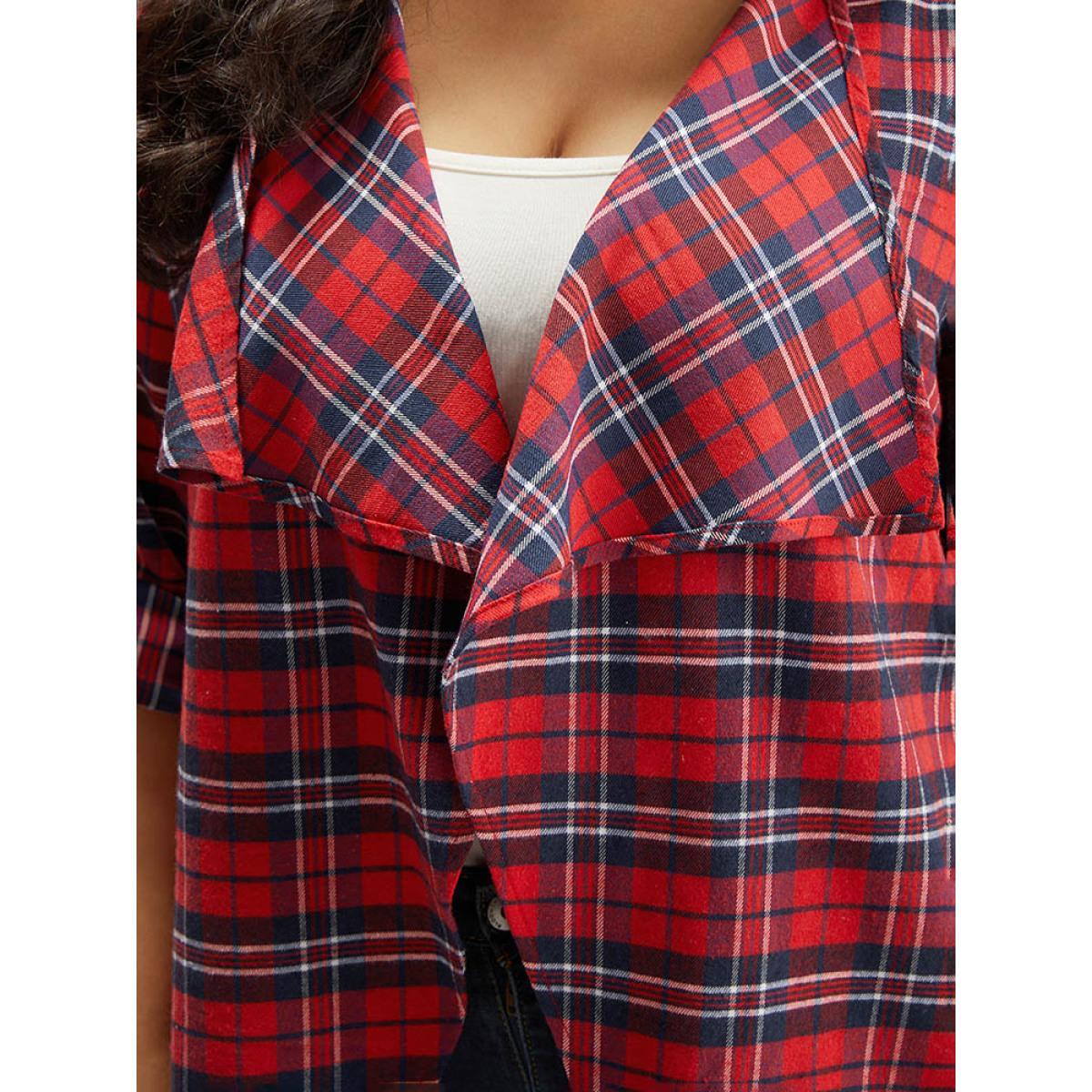 Plus Size Plaid Asymmetrical Hem Tab Sleeve Jacket Women Scarlet Button Dailywear Jackets BloomChic 10/M Product Image