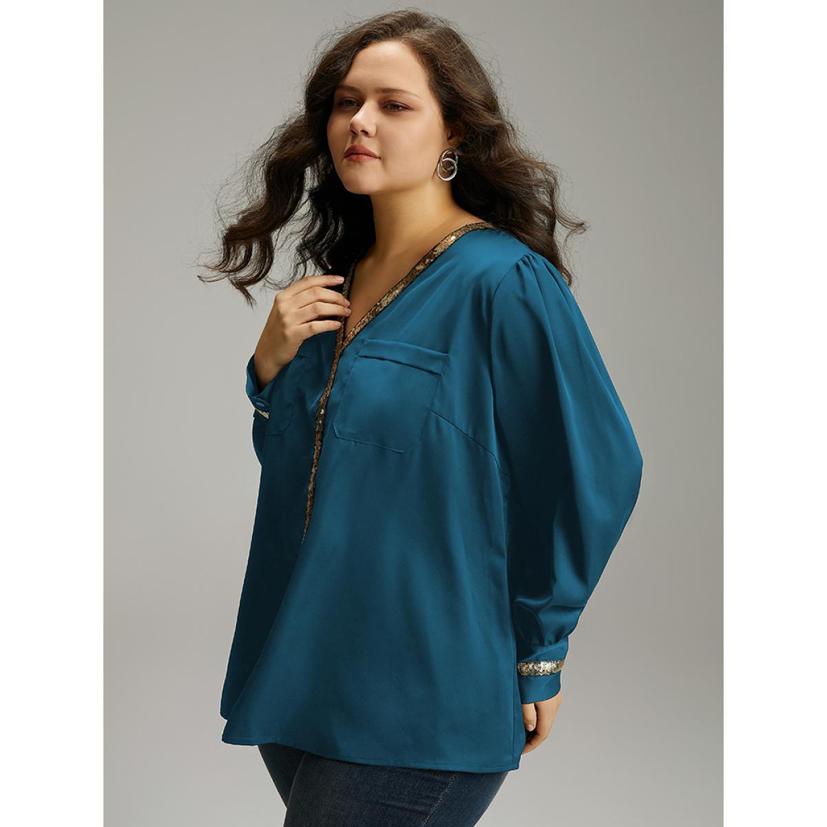 Plus Size Aegean Sequin Patchwork V Neck Blouse Women Glamour Long Sleeve V-neck Party Blouses BloomChic 30/6X Product Image