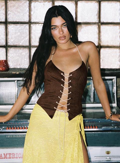 Dawn To Dusk Faux Suede Top Brown Product Image