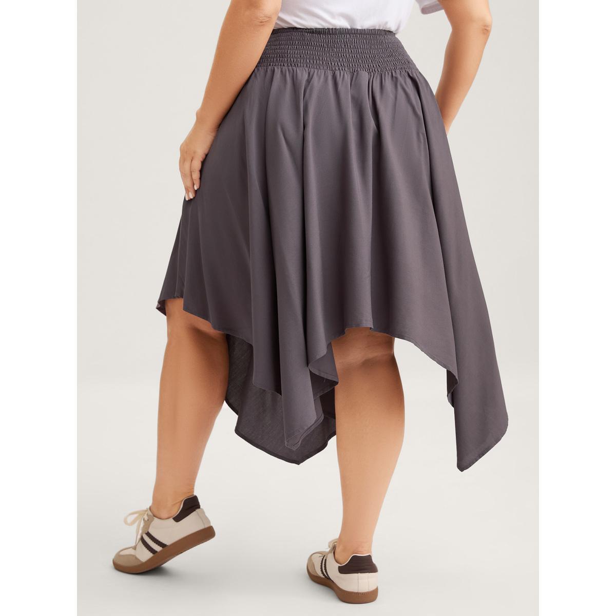 Plus Size High-Low Hem Wide Waistband Midi Skirt Women DarkGray Casual Asymmetrical Loose Low stretch Side seam pocket Everyday-Casual Skirts BloomChic 30/6X Product Image