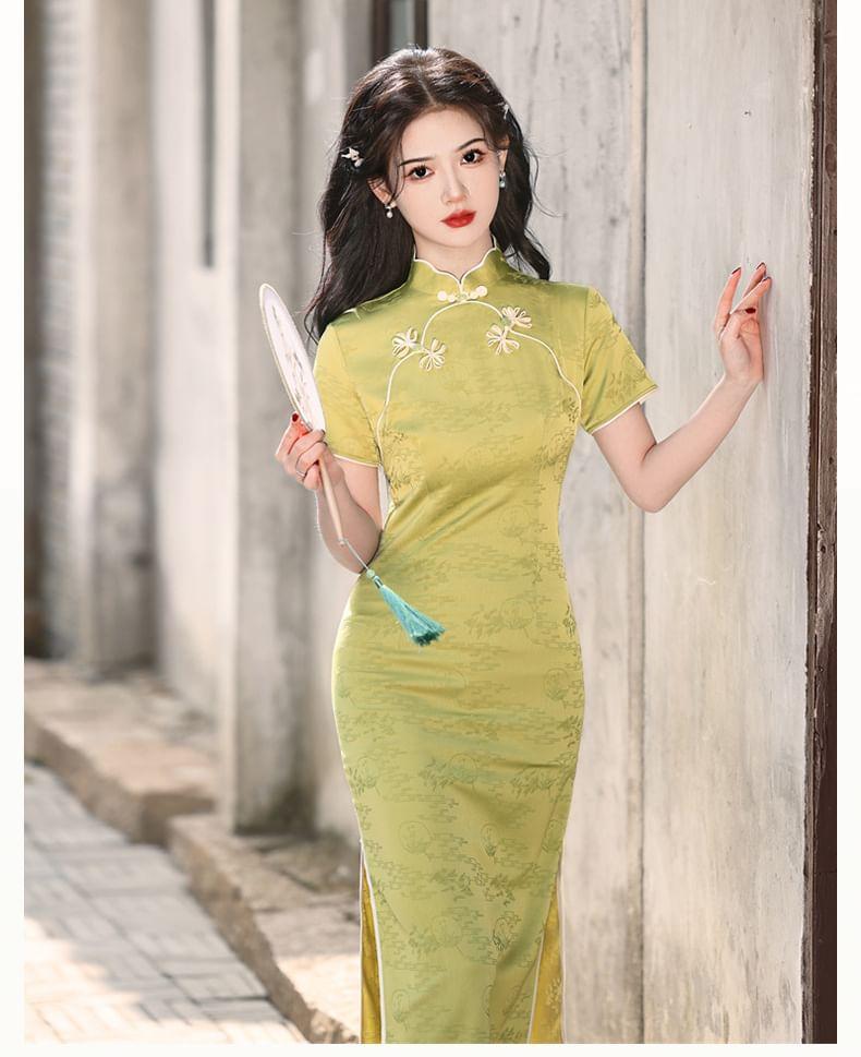 Short-Sleeve Frog Buttoned Midi Qipao Dress Product Image