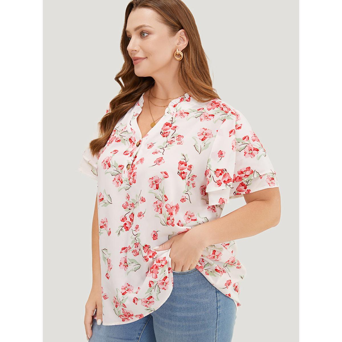 Plus Size White Floral Printed Button Up Flutter Layered Sleeve Blouse Women Elegant Short sleeve Notched collar Dailywear Blouses BloomChic 12/L Product Image