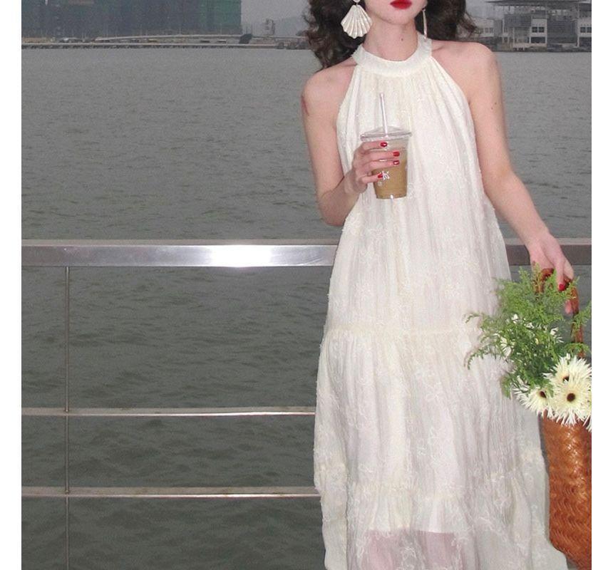 Halter-Neck Shirred Midi A-Line Lace Dress Product Image