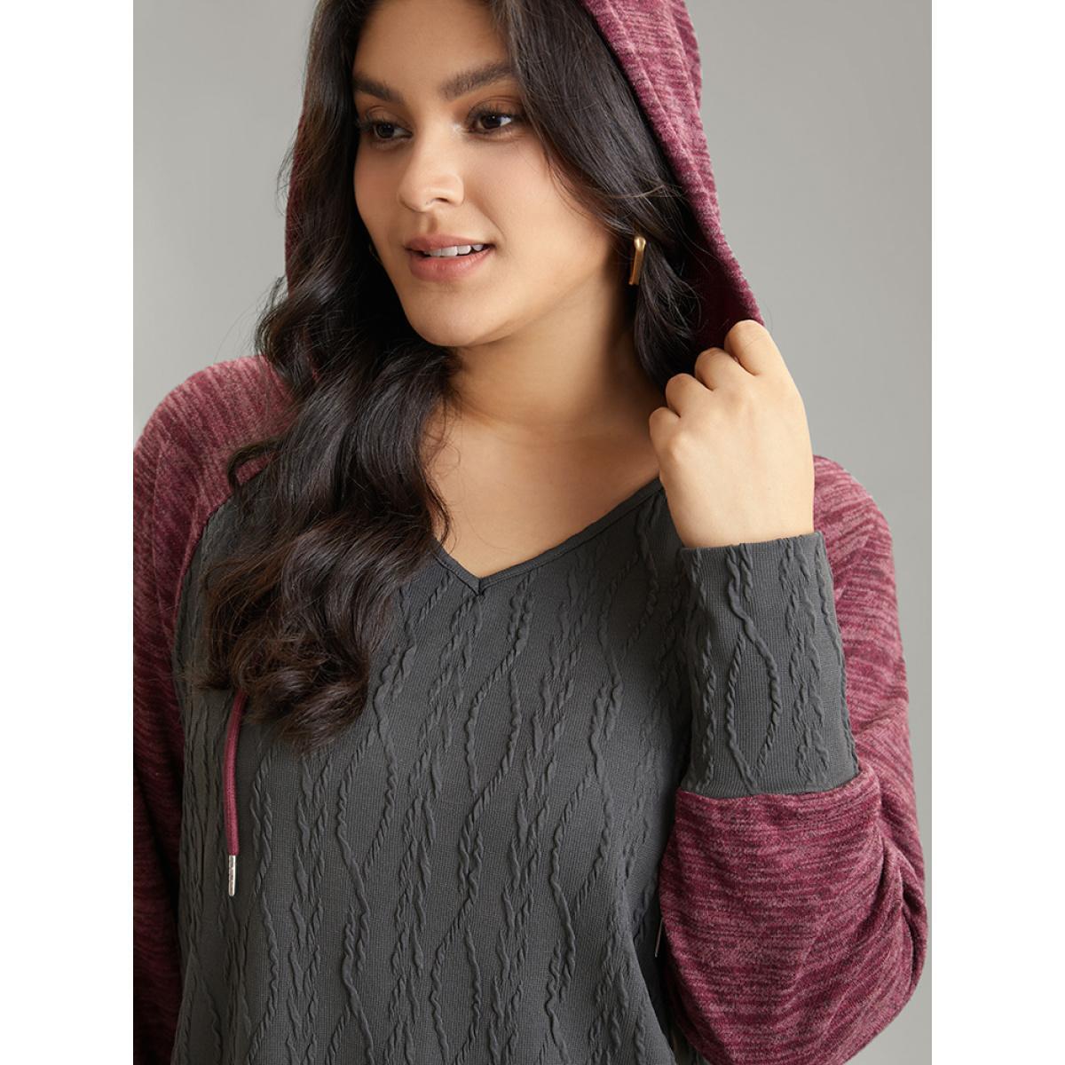 Plus Size Contrast Jacquard Raglan Sleeve Hooded Sweatshirt Women Gray Casual Texture Hooded Everyday Sweatshirts BloomChic 30/6X Product Image