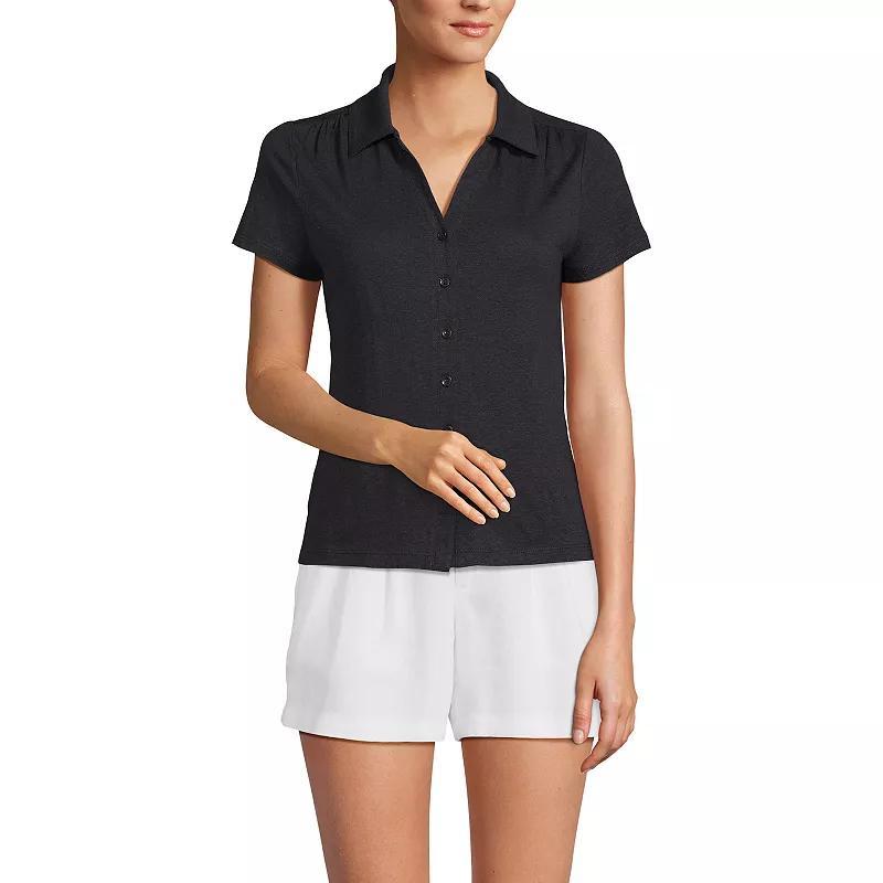 Women's Lands' End Short Sleeve Button Front Polo, Size: Small, Ivory Product Image