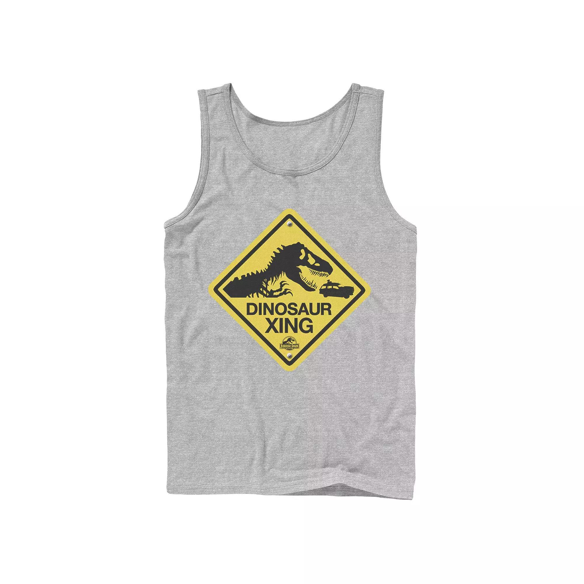 Men's Jurassic Park Dinosaur Crossing Yellow Sign Tank Top, Size: Small, Grey Product Image
