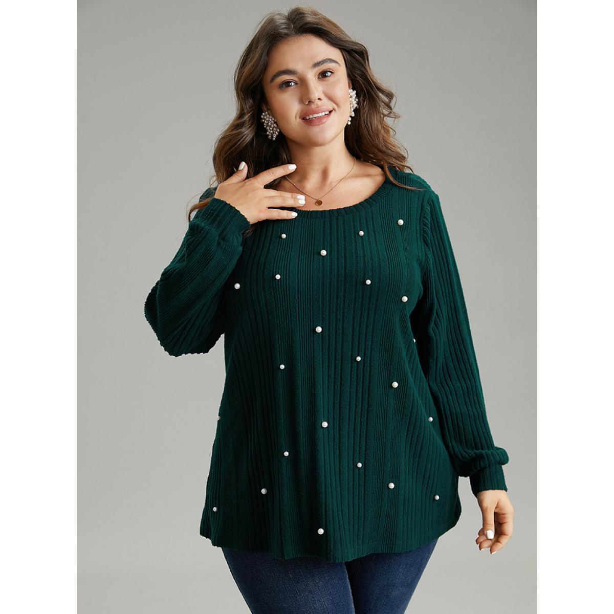 Plus Size Plain Rib Knit Pearl Beaded Sweatshirt Women DarkGreen Elegant Texture Round Neck Dailywear Sweatshirts BloomChic 28/5X Product Image