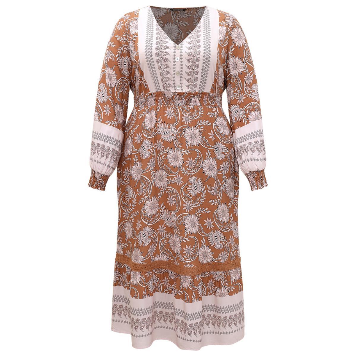 Plus Size Bandana Print Shirred Button Detail Dress Chocolate Women Resort Elastic cuffs V-neck Long Sleeve Curvy Midi Dress BloomChic 12/L Product Image