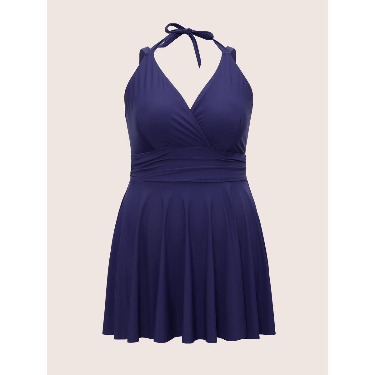 Plus Size Solid Ruffle Hem Empire Waist Halter Neck Swim Dress Women's Swimwear Indigo Beach Bodycon Halter neck High stretch Curve Swim Dresses BloomChic 14-16/1X Product Image