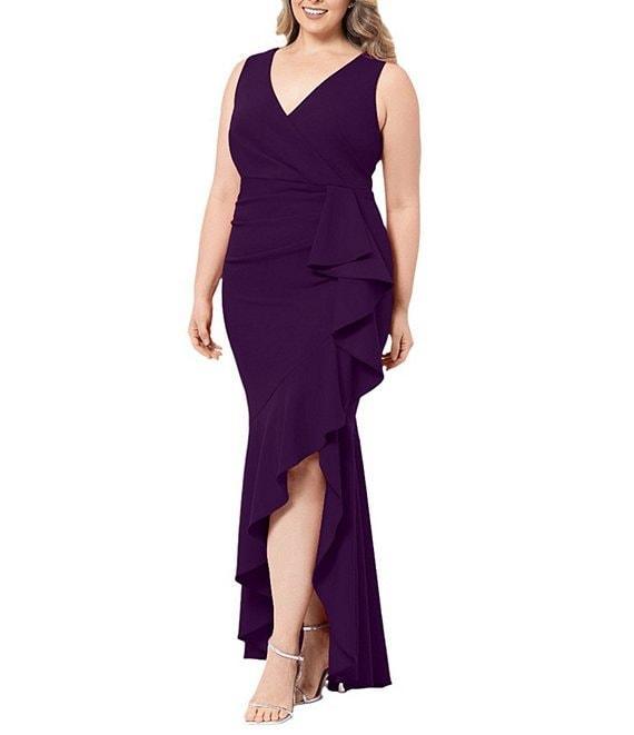 Betsy & Adam Plus Size Sleeveless V-Neck Cascade Ruffle Scuba Crepe Gown Product Image