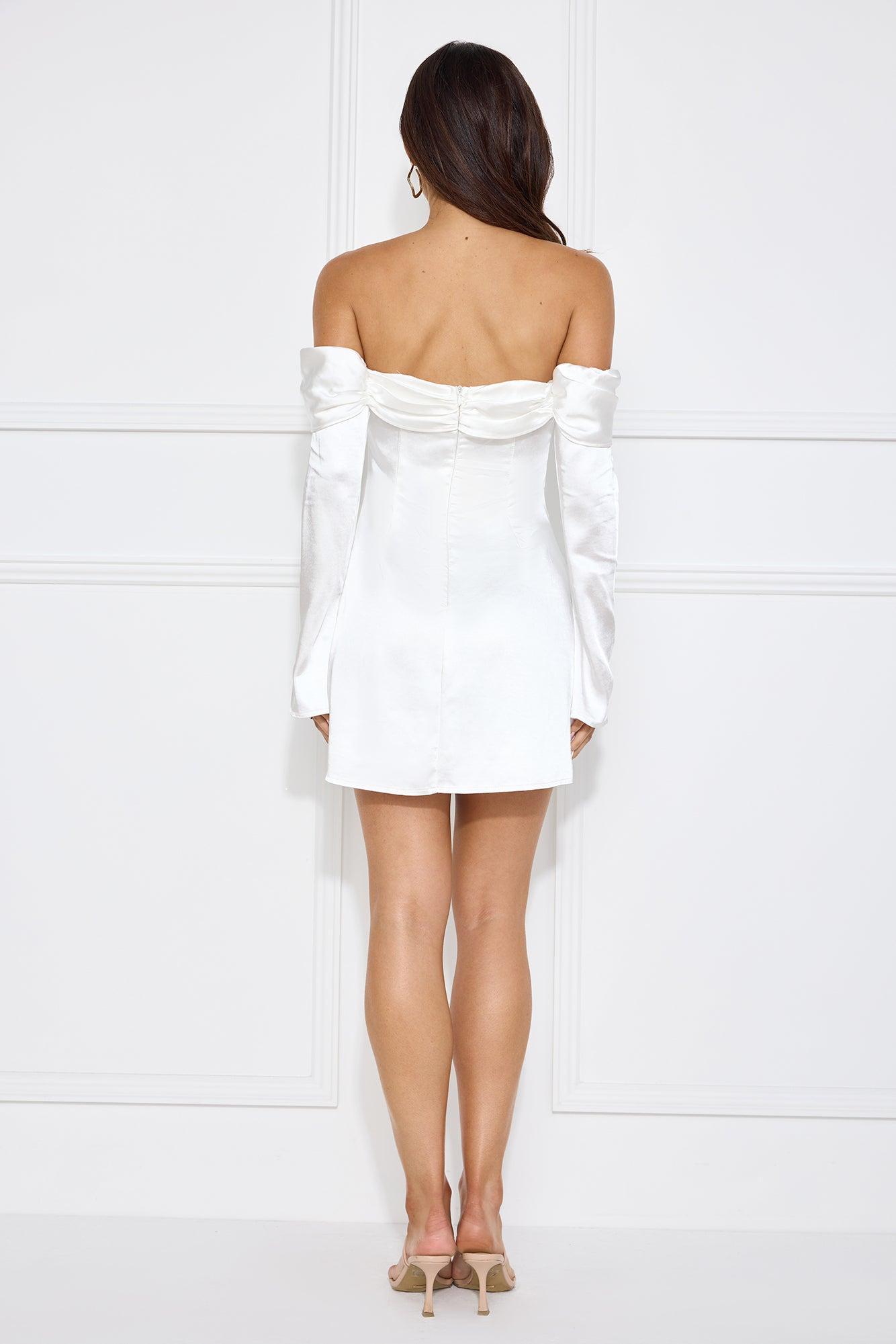 Delicacy Bow Satin Off Shoulder Mini Dress White Product Image
