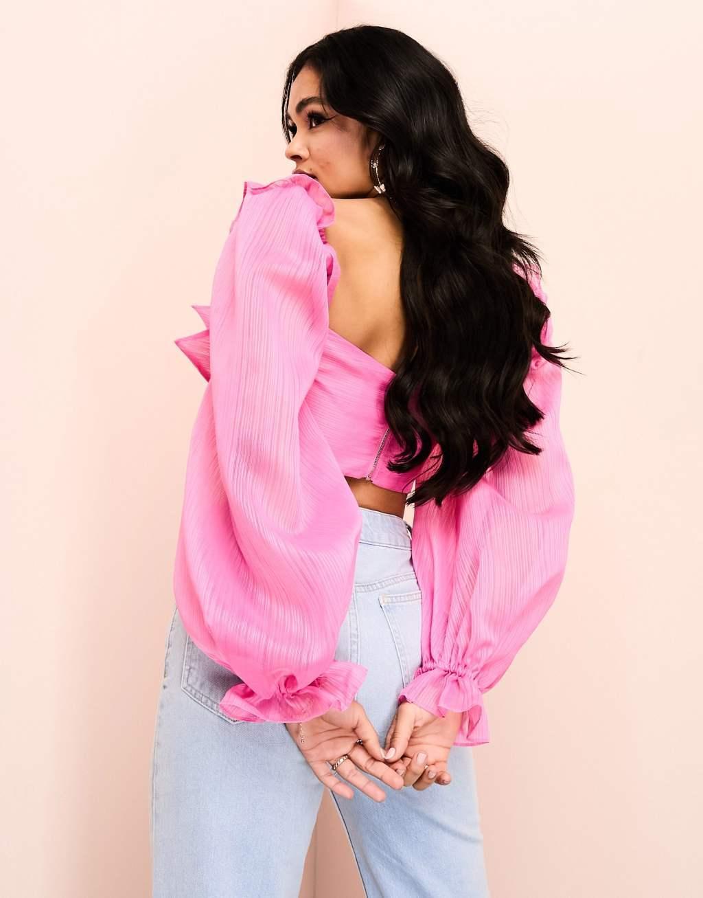ASOS LUXE embroidered organza top with ring detail Product Image