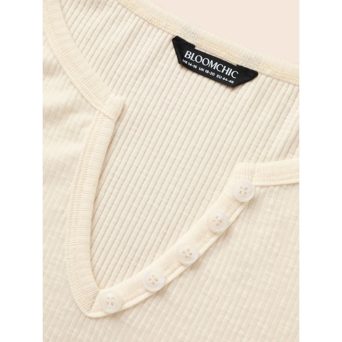 Plus Size Notched Button Detail Split Hem Sweatshirt Women Beige Casual Texture Flat collar with V-notch Everyday Sweatshirts BloomChic 22-24/3X Product Image