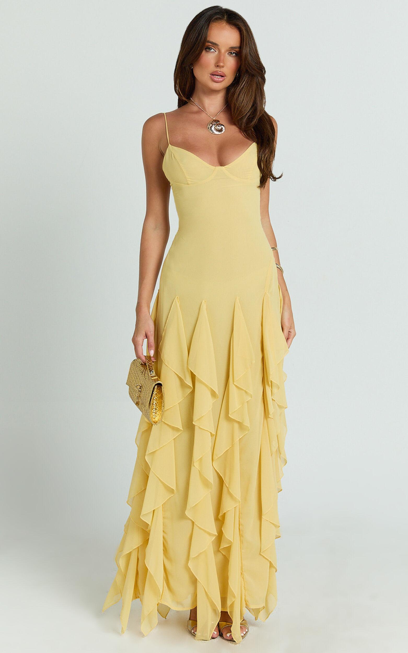 Maeve Maxi Dress - V Neck Ruffle Tier Slip Dress in Lemon Product Image