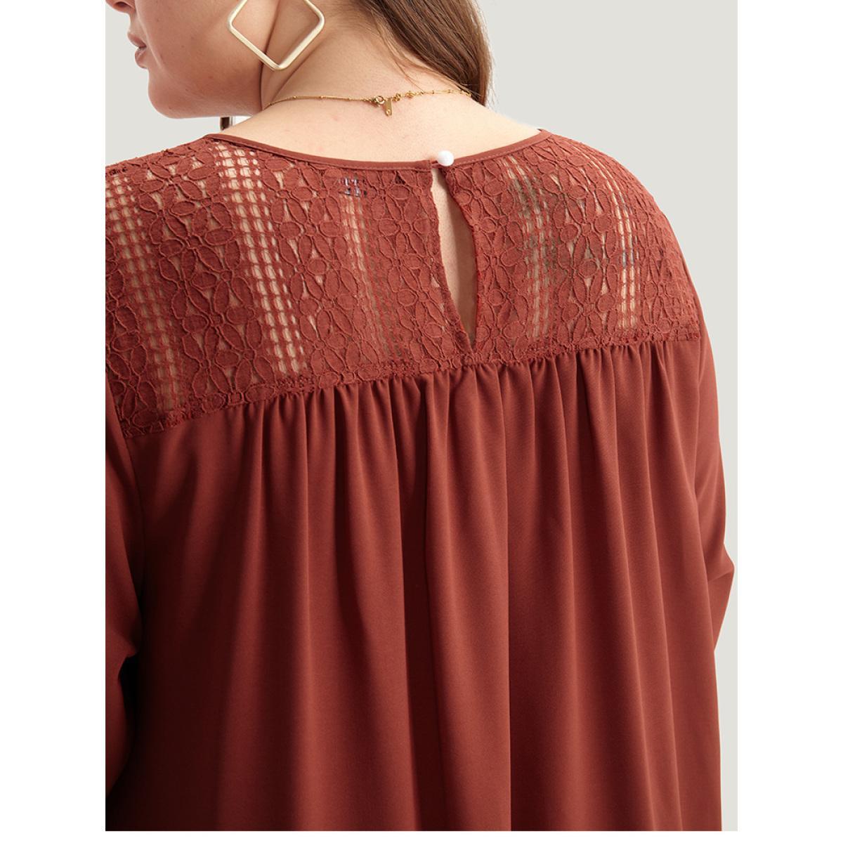 Plus Size Guipure Lace Frill Trim Cut Out Ruffle Hem Dress Russet Women Casual Gathered Round Neck Elbow-length sleeve Curvy Midi Dress BloomChic 18-20/2X Product Image