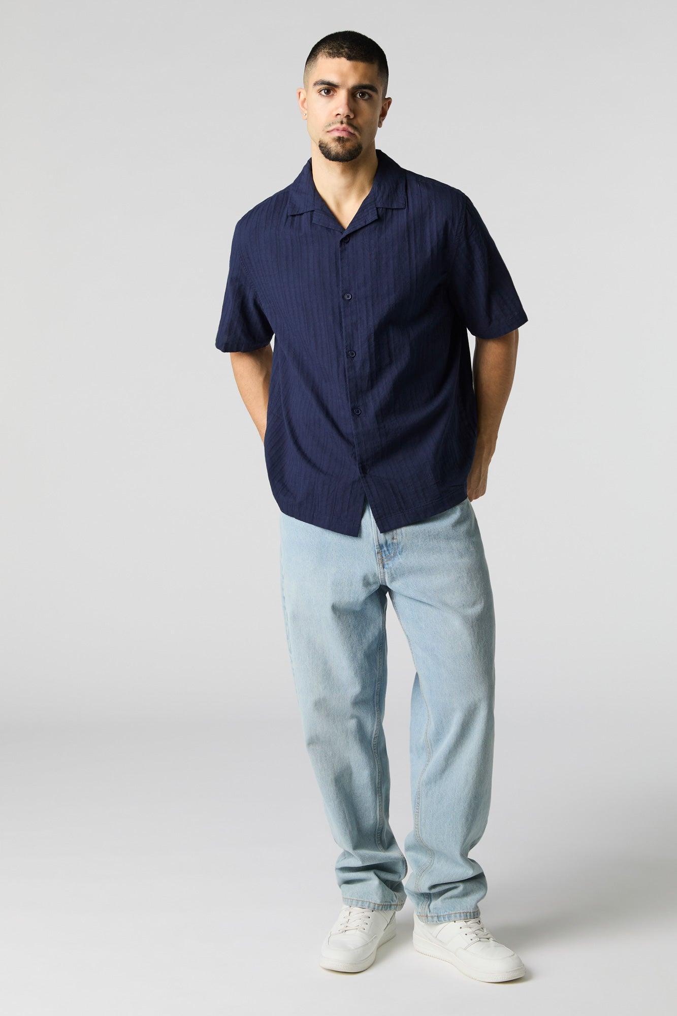 Textured Short Sleeve Button-Up Top Male Product Image