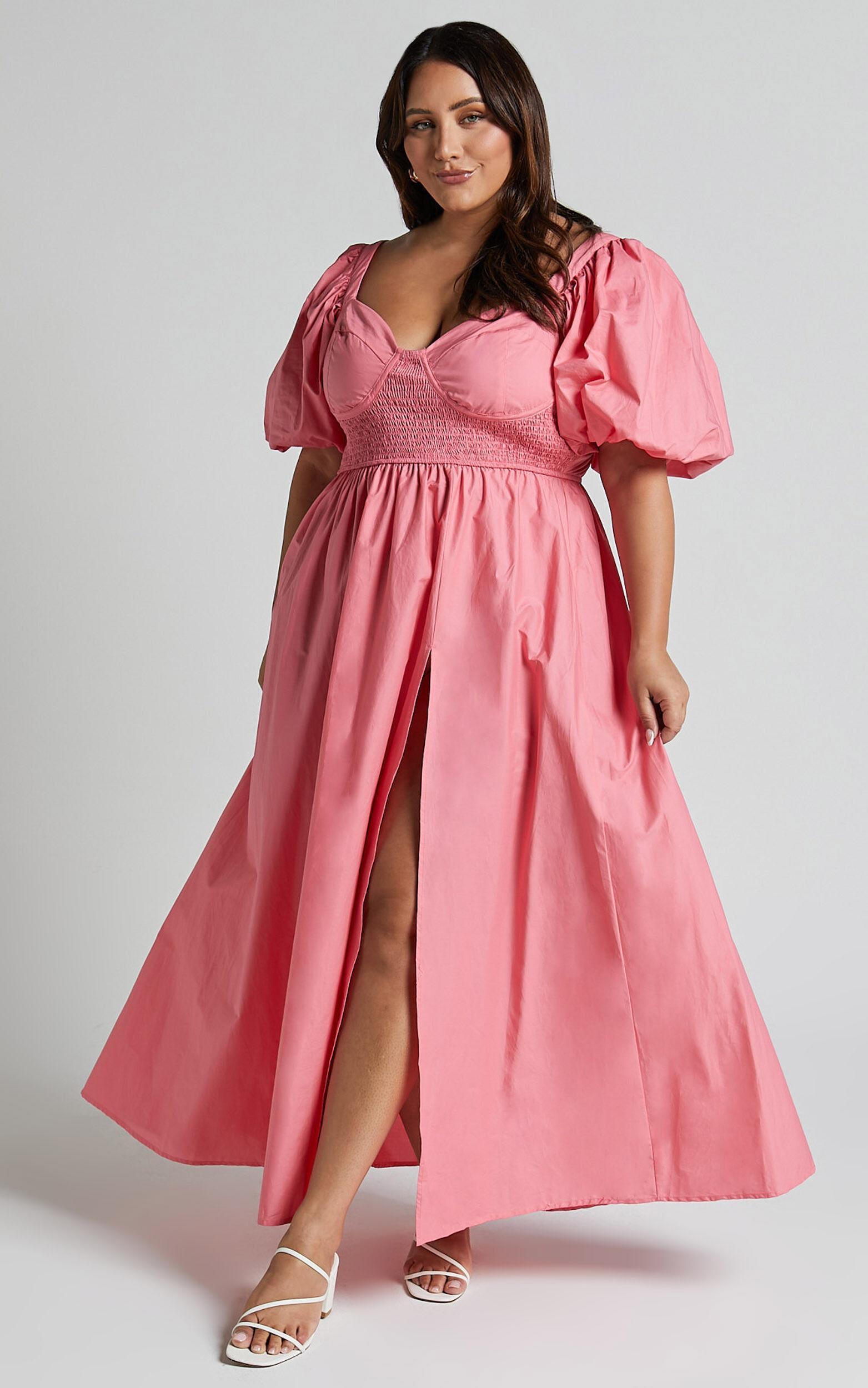Raiza Midi Dress - Shirred Waist Puff Sleeve Dress in Coral Pink Product Image