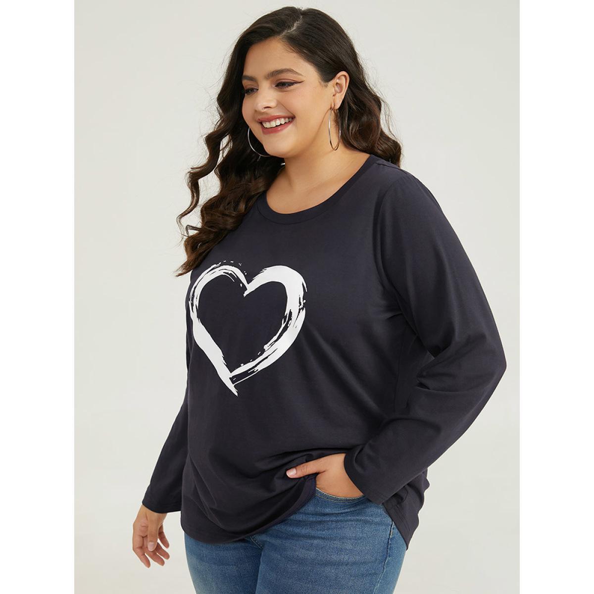 Plus Size Heart Print Crew Neck T-shirt Indigo Women Casual Printed Art&design Dailywear T-shirts BloomChic 12/L Product Image