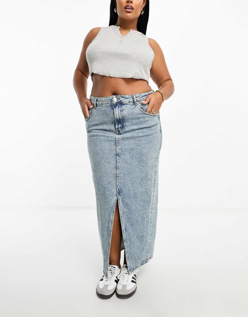 ASOS DESIGN Curve denim midi skirt with split hem Product Image