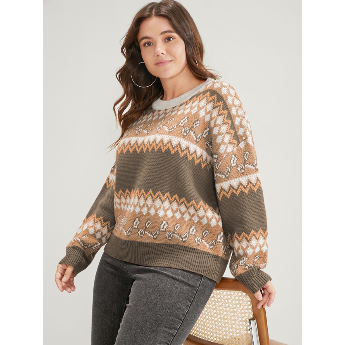 Plus Size Bandana Pointelle Knit Contrast Geometric Jacquard Knit Top Multicolor Women Casual Long Sleeve Round Neck Dailywear Pullovers BloomChic 10/M Product Image