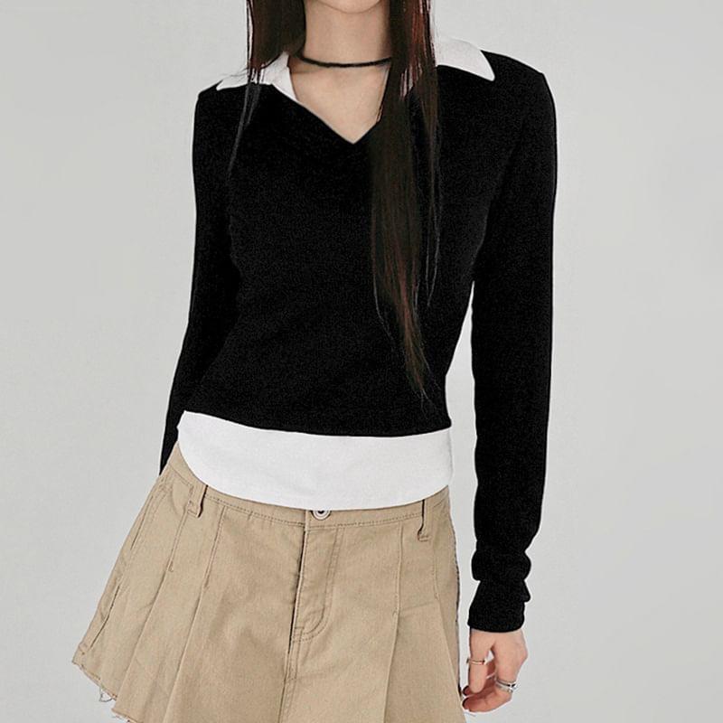 Long Sleeve V-Neck Mock Two Piece Crop Top Product Image