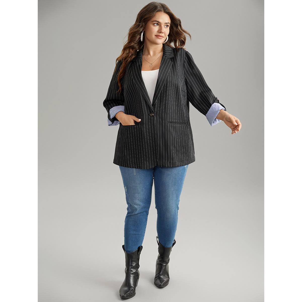 Plus Size Suit Collar Striped Contrast Blazer Black Women Dailywear Striped Contrast Sleeve Long Sleeve Suit Collar 14-16/1X Pocket Casual Blazers BloomChic Product Image