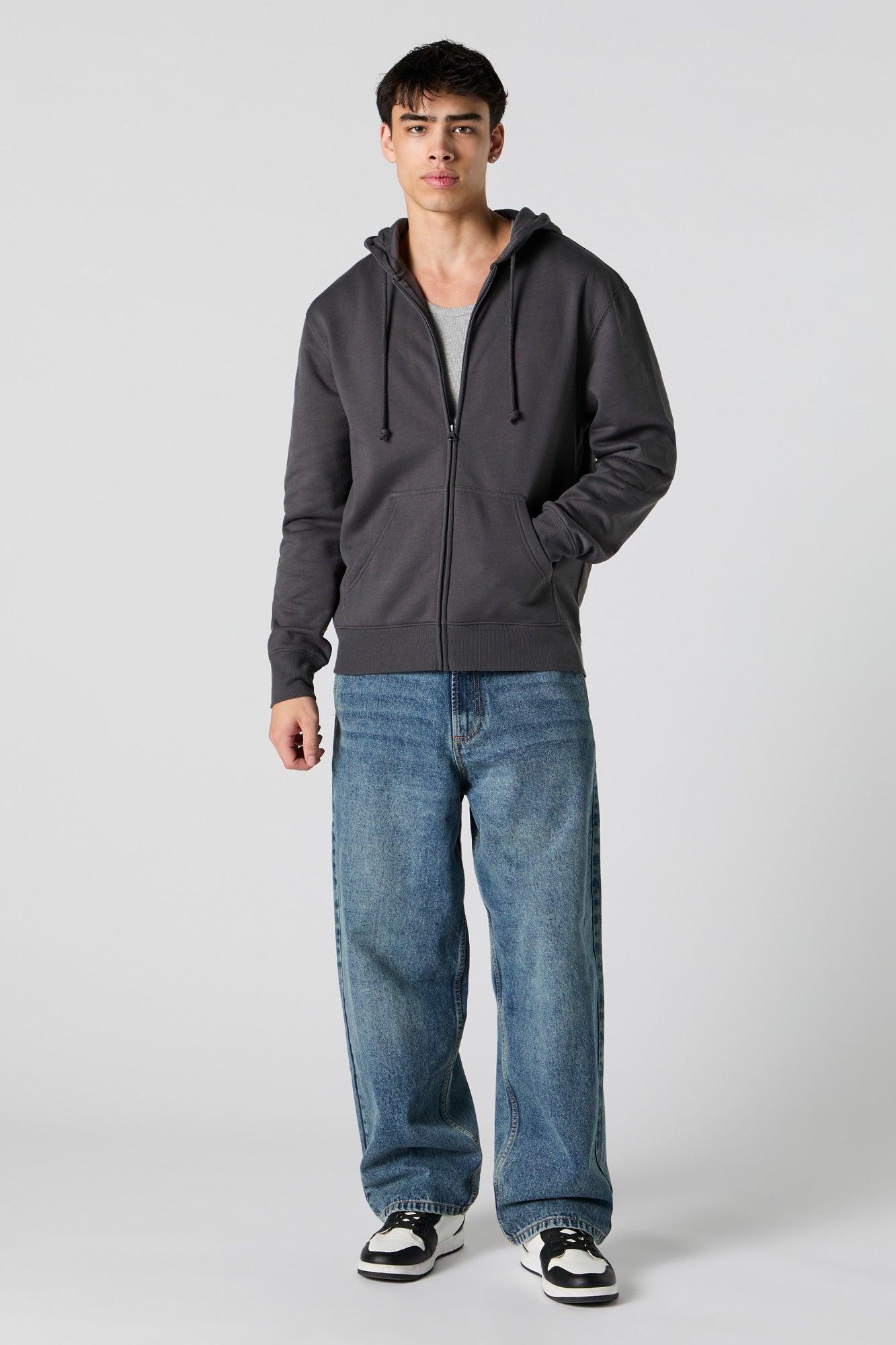 Solid Fleece Zip-Up Hoodie Male Product Image
