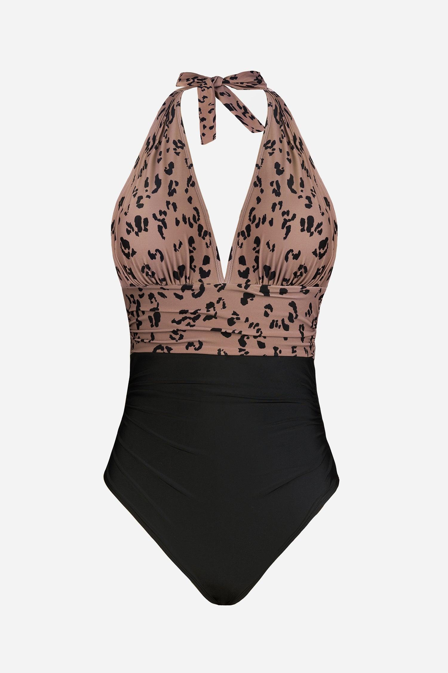 Cheetah Plunge Halter Shirred One Piece Swimsuit Product Image