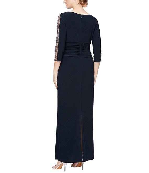 Ignite Evenings Embellished 3/4 Sleeve Ruched Bodice Boat Neck Column Gown Product Image