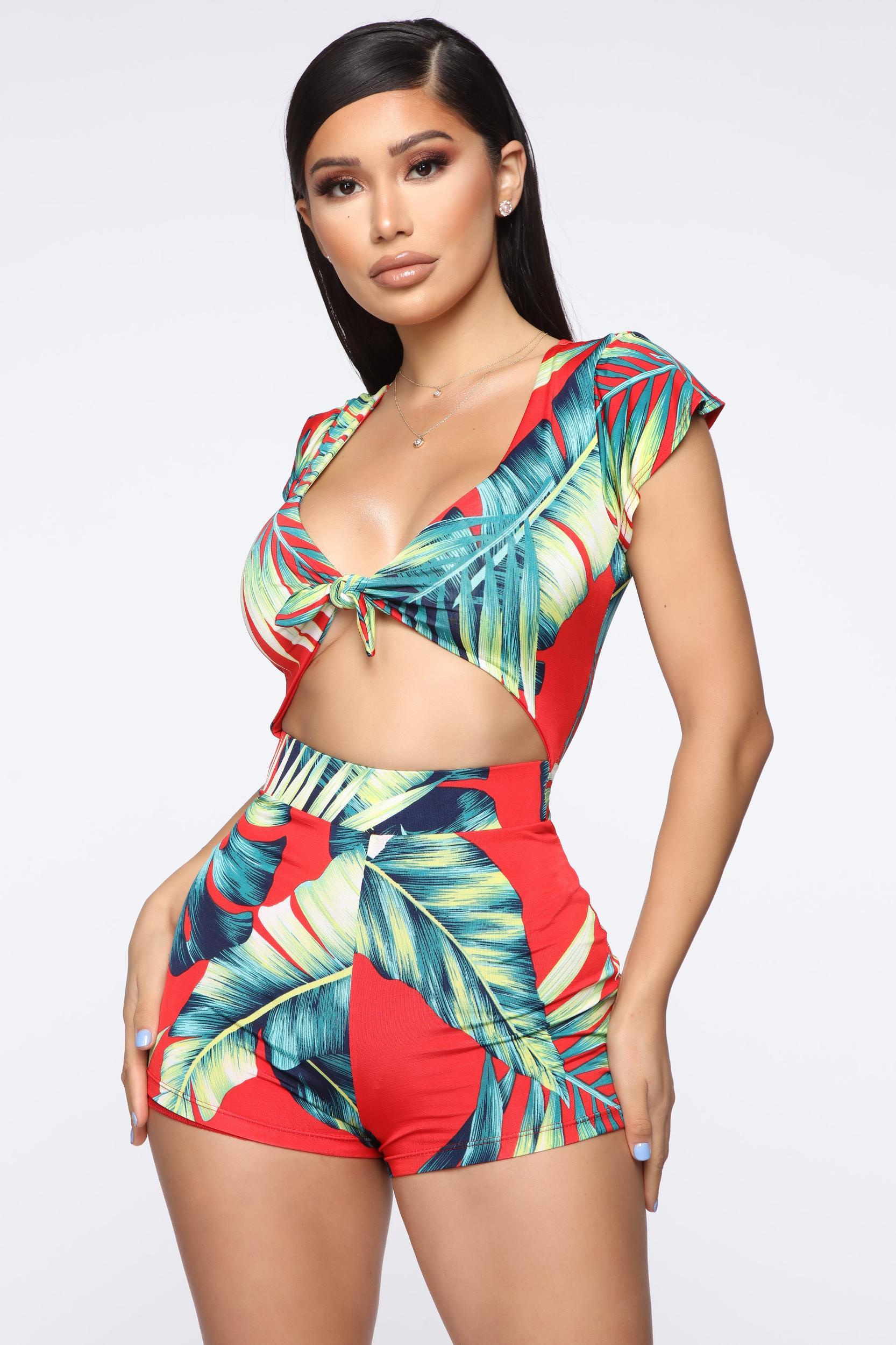 Waist No Time Tropical Romper - Red/combo Product Image