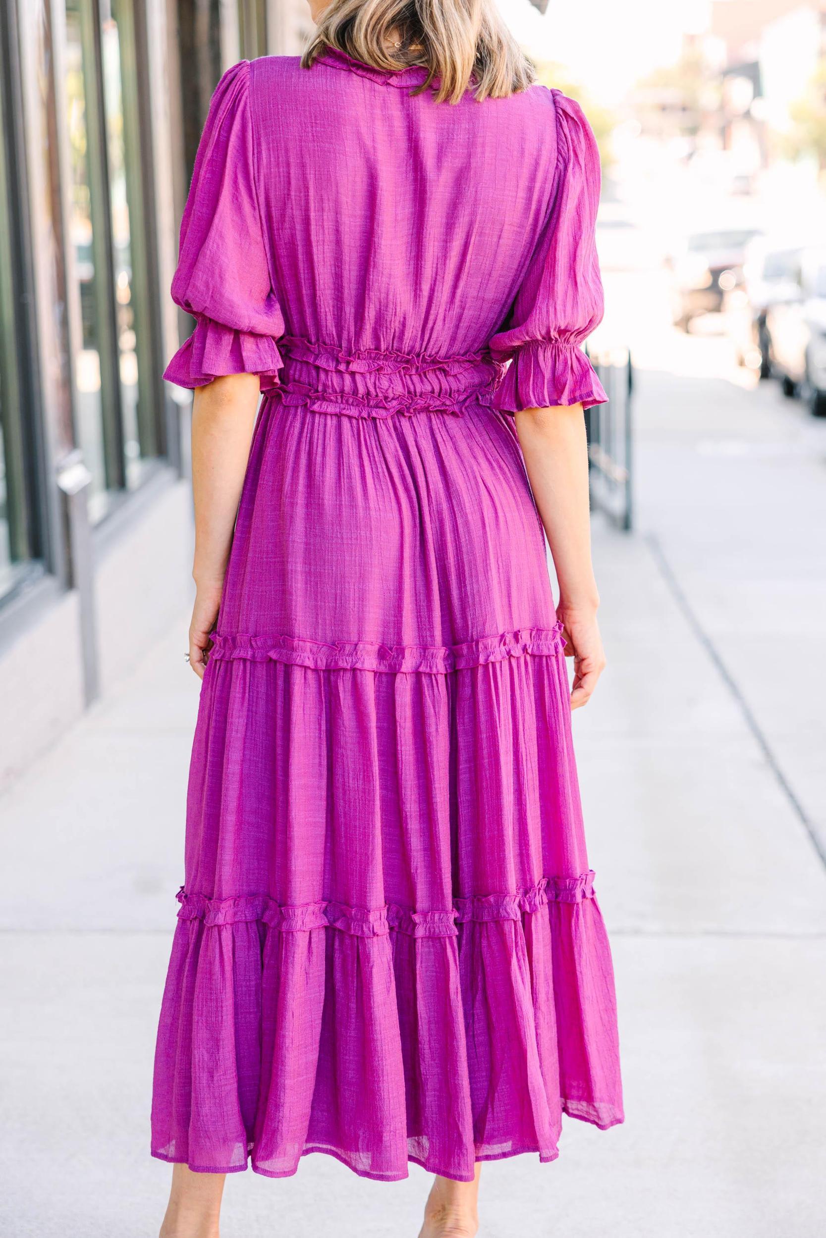 Living In A Dream Magenta Purple Ruffled Midi Dress Female Product Image