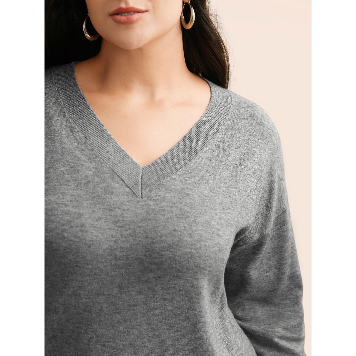 Plus Size Supersoft Drop Shoulder V-Neck Top Mediumgray Women Casual Long Sleeve V-neck Everyday Pullovers BloomChic 14-16/1X Product Image