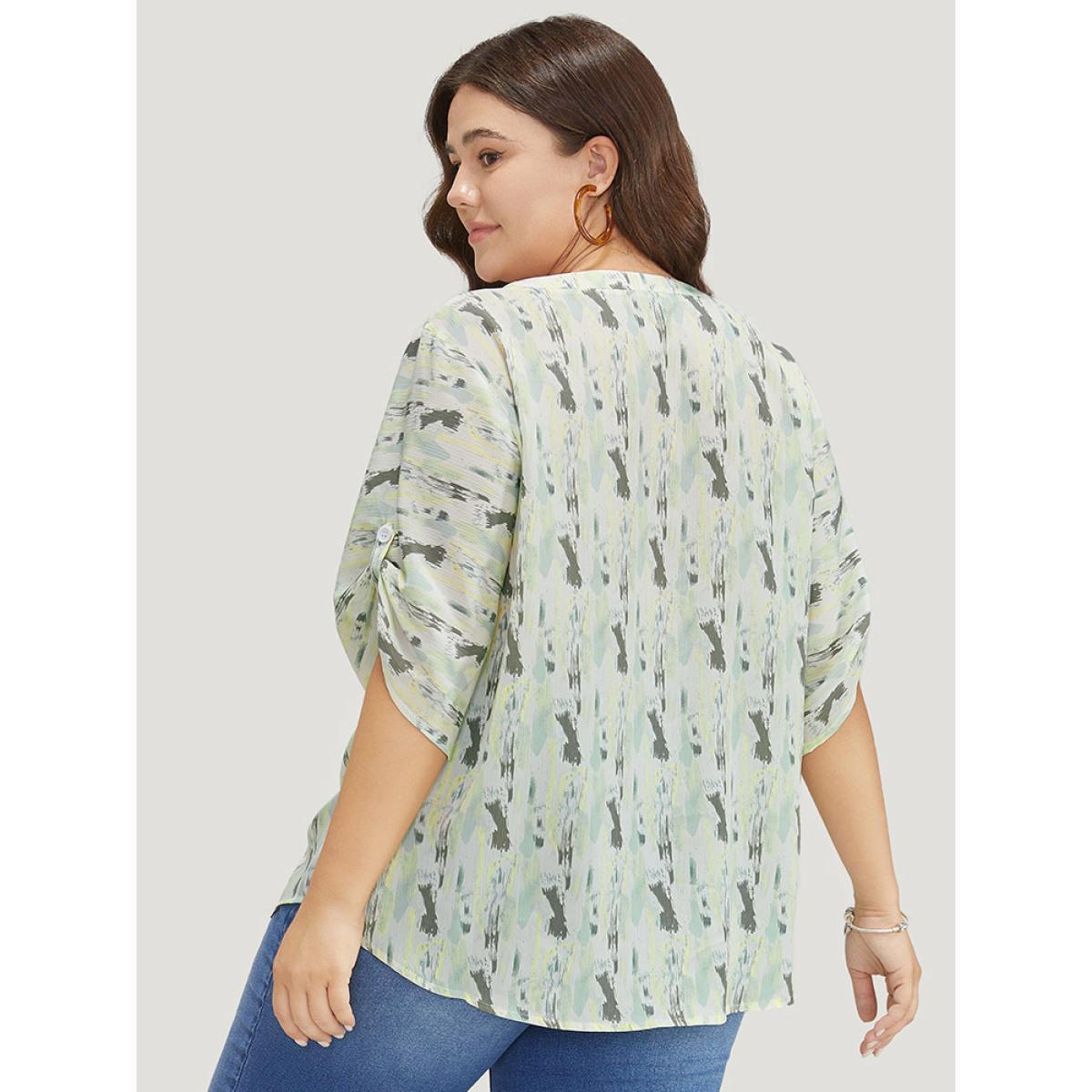 Plus Size LightGreen Brush Print Notched Neck Contrast Cuffed Sleeve Blouse Women Vacation Half Sleeve V-neck Dailywear Blouses BloomChic 22-24/3X Product Image