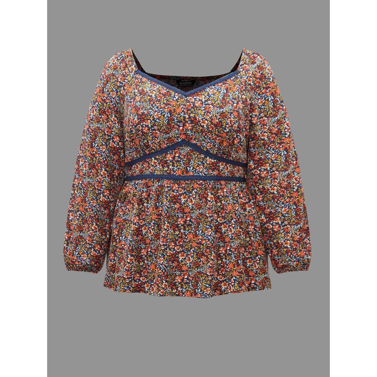 Plus Size Indigo Ditsy Floral Woven Ribbon Gathered Blouse Women Elegant Long Sleeve Heart neckline Everyday Blouses BloomChic 12/L Product Image