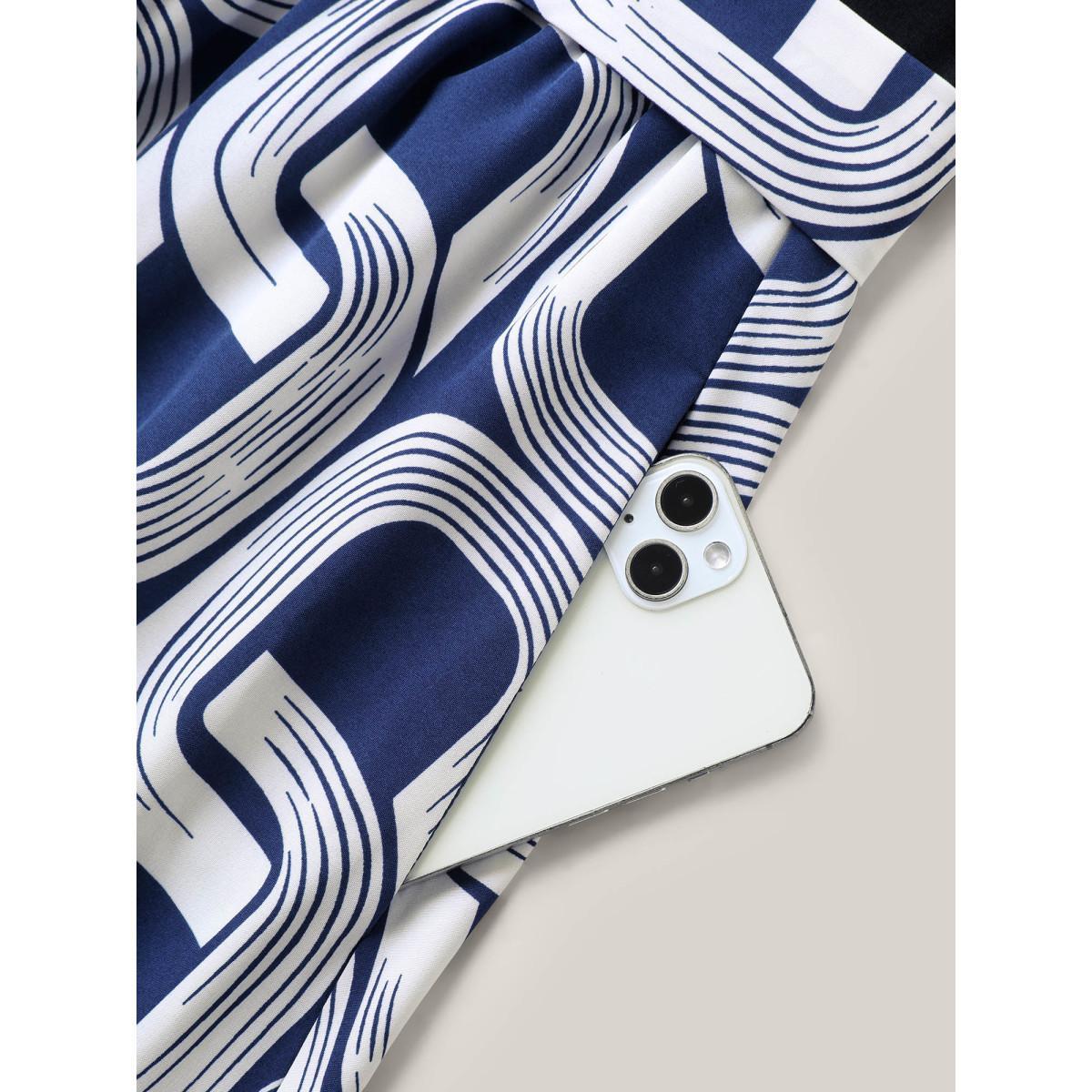 Plus Size Abstract Pattern Color Contrast Belted Midi Dress Navy Women Round Neck Short sleeve Curvy BloomChic 18-20/2X Product Image