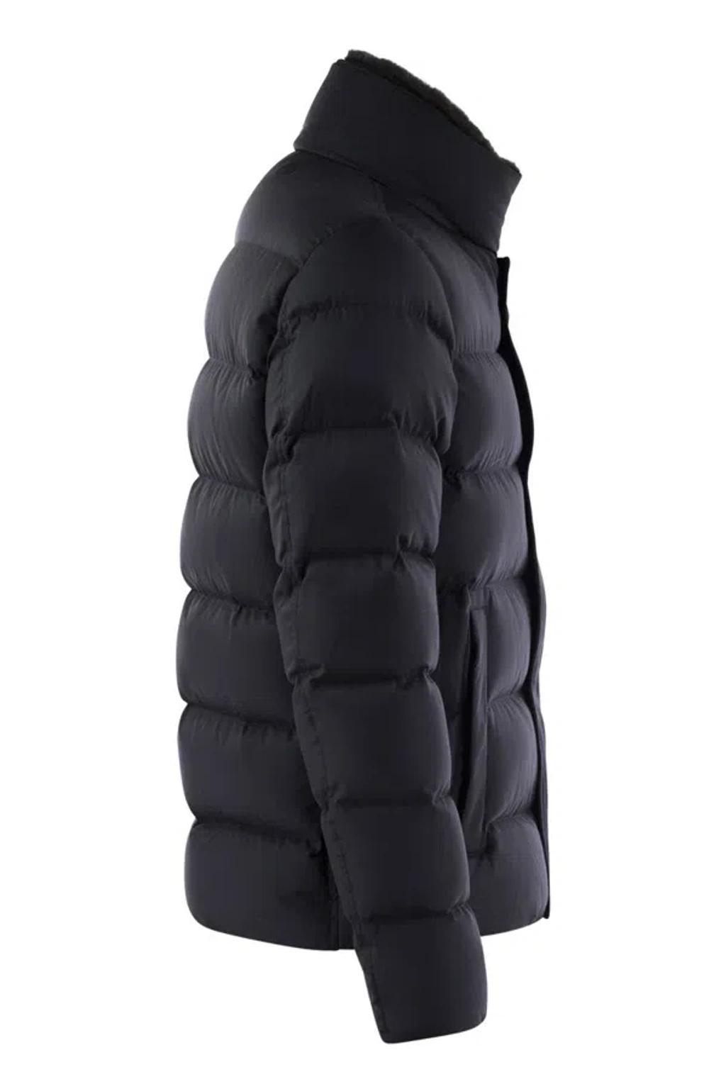 HERNO Short Down Jacket With Detachable Fur Insert In Blue Product Image