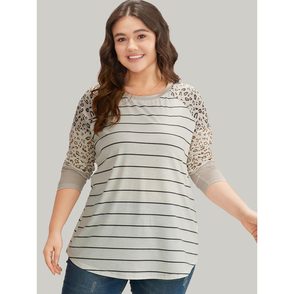 Plus Size Leopard Striped Patchwork Raglan Sleeve T-shirt Multicolor Women Casual Patchwork Leopard Round Neck Dailywear T-shirts BloomChic 12/L Product Image