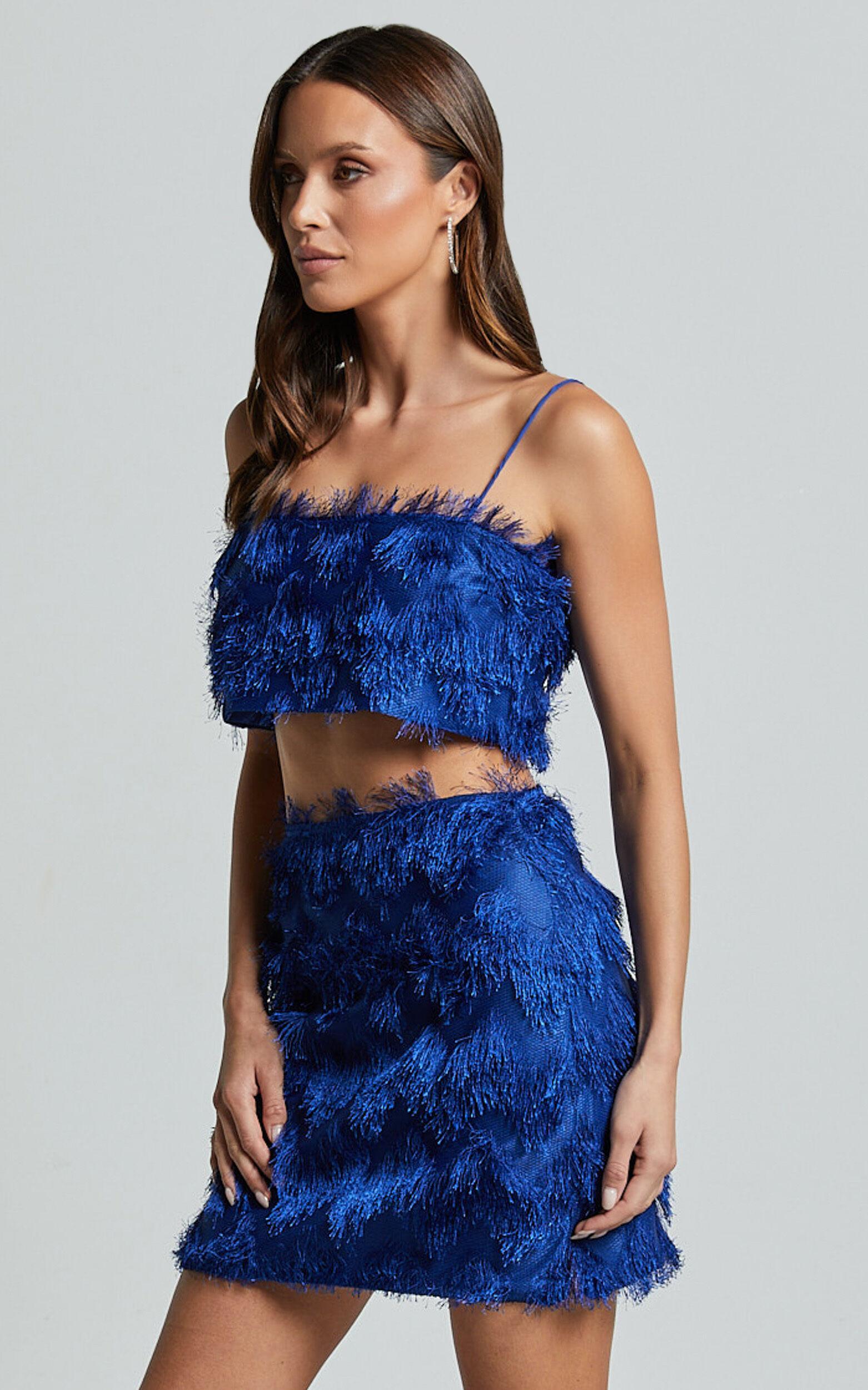 Shelby Mini Skirt - High Waist Fringe Skirt in Cobalt Blue Product Image
