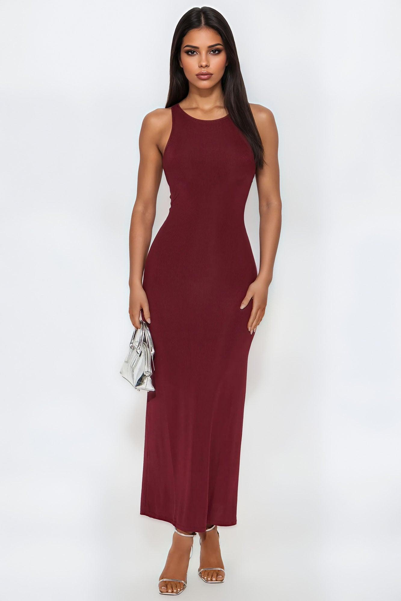 Eden Ribbed Backless Maxi Dress - Wine Female Product Image