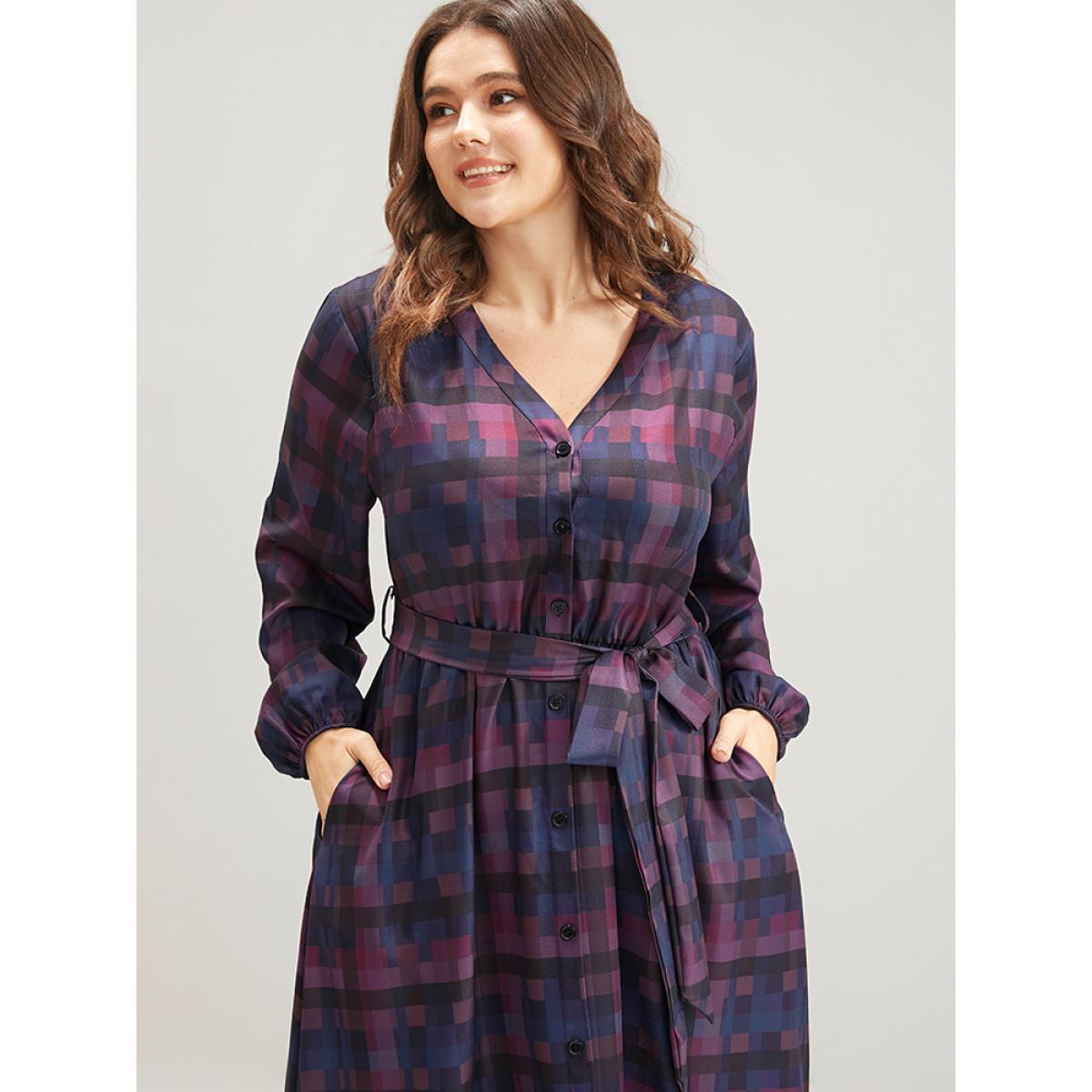 Plus Size Plaid Contrast Button Up Pocket Lantern Sleeve Belted Dress Multicolor Women Elegant Button V-neck Long Sleeve Curvy Midi Dress BloomChic 10/M Product Image