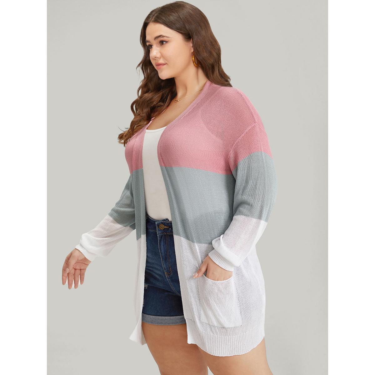 Plus Size Colorblock Pocket Drop Shoulder Elastic Cuffs Contrast Cardigan Pink Women Casual Loose Long Sleeve Dailywear Cardigans BloomChic 18-20/2X Product Image