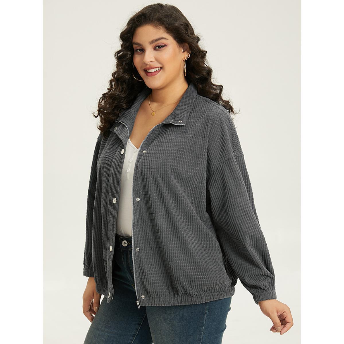 Plus Size Solid Texture Button Through Pocket Shacket Women Gray Elastic cuffs Pocket Everyday Jackets BloomChic 12/L Product Image
