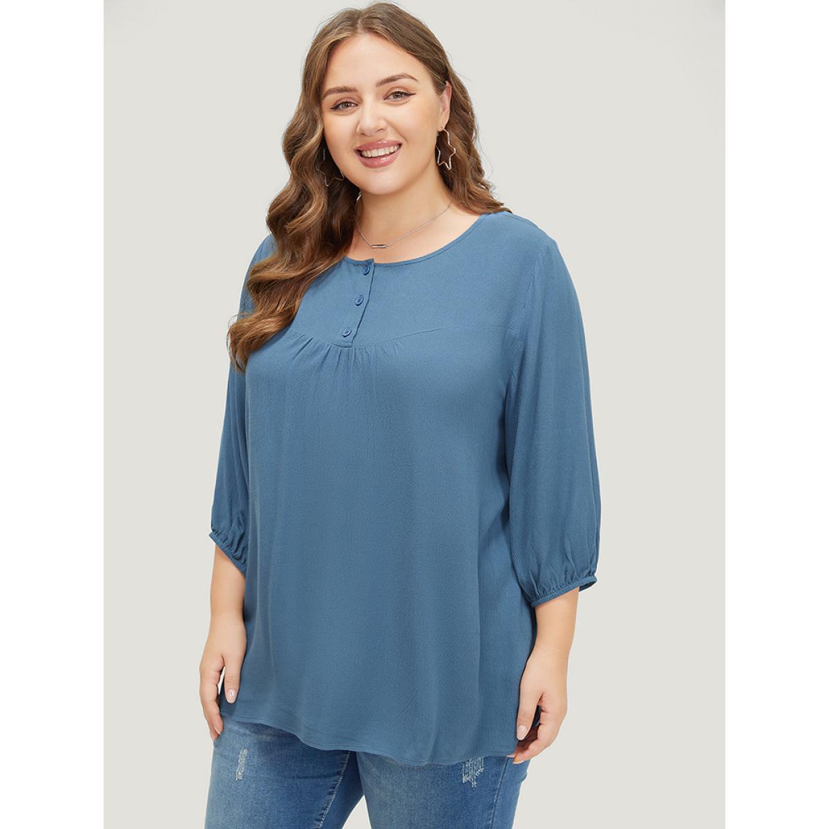 Plus Size Stone Plain Button Up Gathered Lantern Sleeve Blouse Women Elegant Elbow-length sleeve Round Neck Dailywear Blouses BloomChic 10/M Product Image
