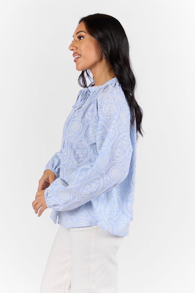 Downtown Delight Blue Embroidered Woven Button Down Blouse SALE Product Image