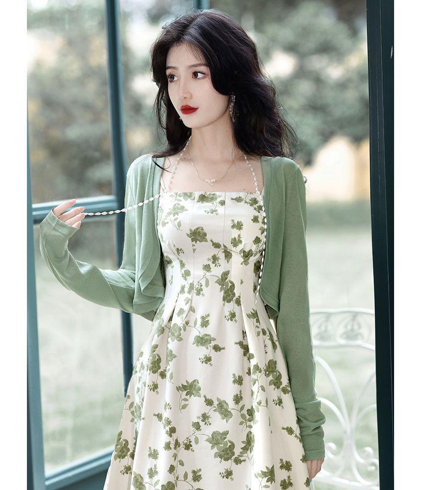Spaghetti Strap Floral Maxi A-Line Dress / Crop Cardigan / Set Product Image