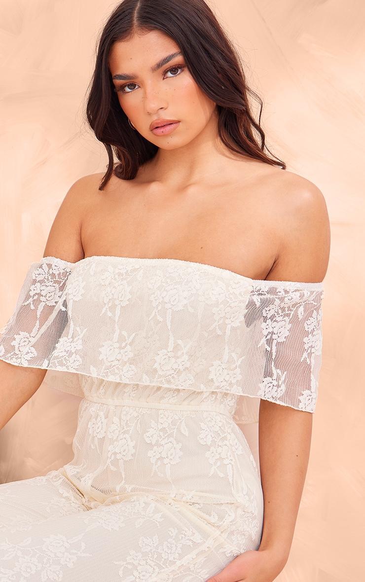 Butter Cream Shimmer Floral Lace Bardot Jumpsuit Product Image
