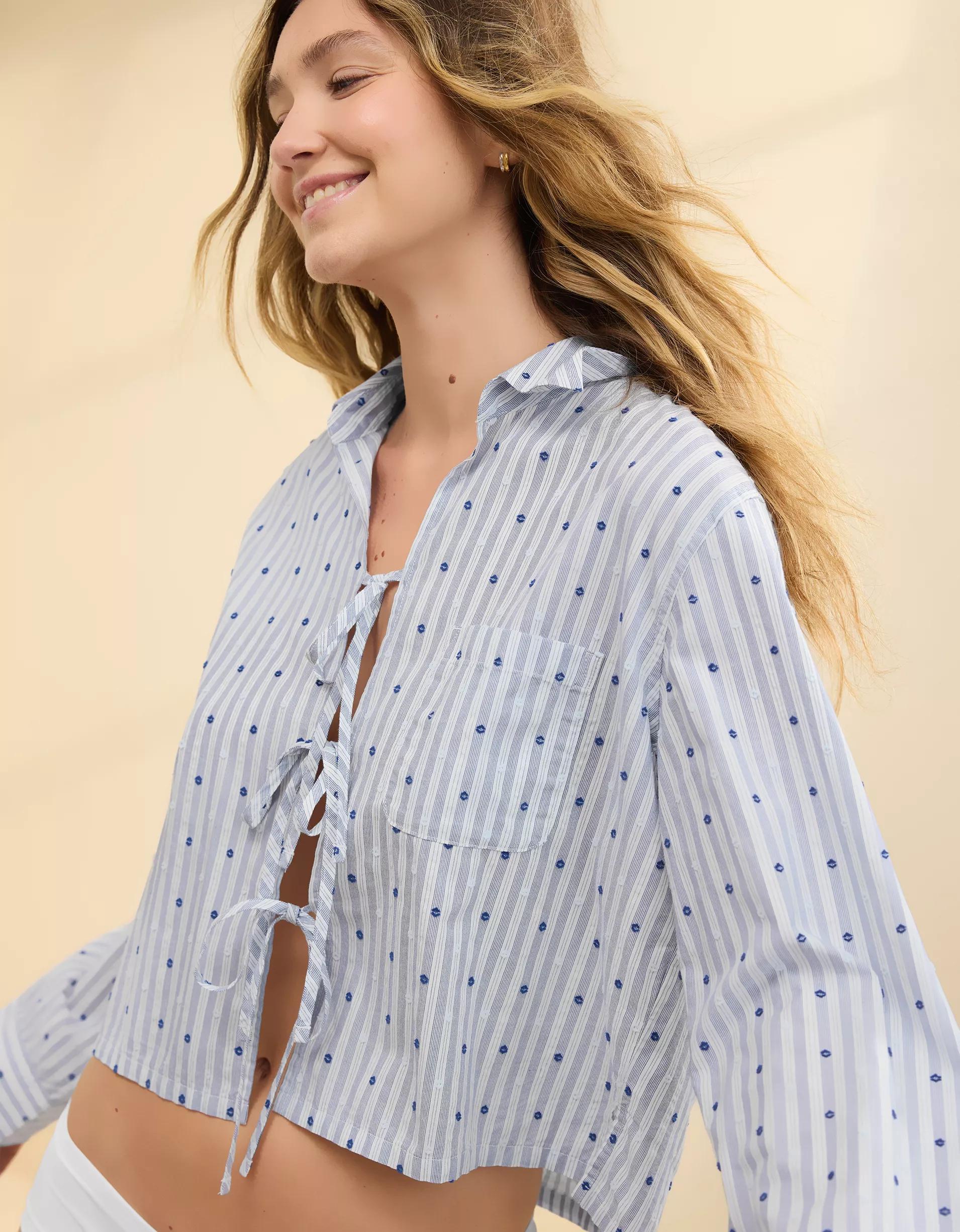 Aerie Off-Duty Poplin Tie Front Pajama Shirt Product Image