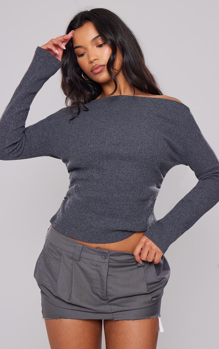 Charcoal Brushed Rib Bardot Long Sleeved Top Product Image
