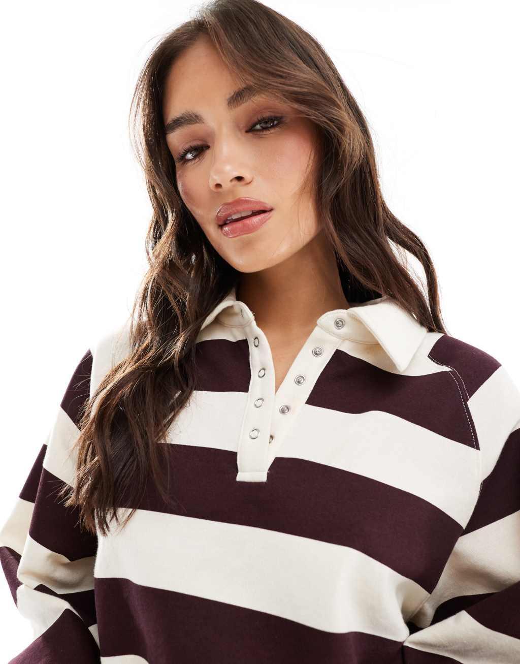 Cotton On button down lounge pullover sweatshirt in burgundy stripe Product Image